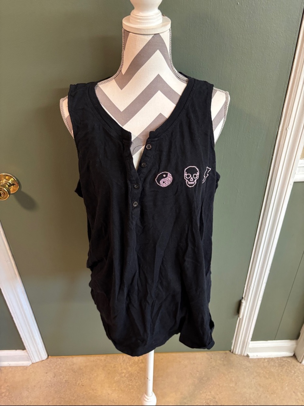 Women’s Black Graphic Henley Tank Top